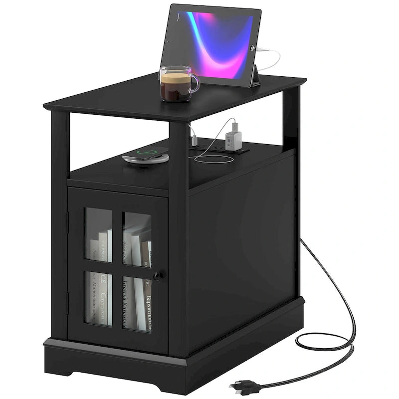 End Table with Charging Station, Narrow Side Table with USB Ports and Outlets, Small Table with Hidden Storage and Open Shelf