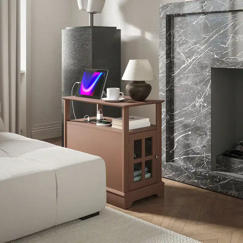 End Table with Charging Station, Narrow Side Table with USB Ports and Outlets, Small Table with Hidden Storage and Open Shelf
