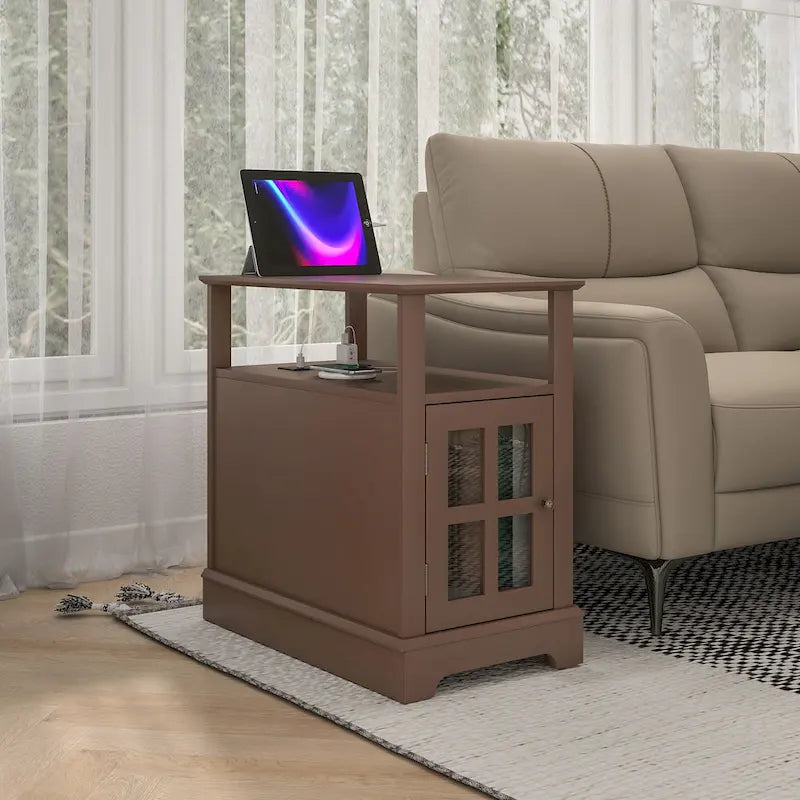 End Table with Charging Station, Narrow Side Table with USB Ports and Outlets, Small Table with Hidden Storage and Open Shelf