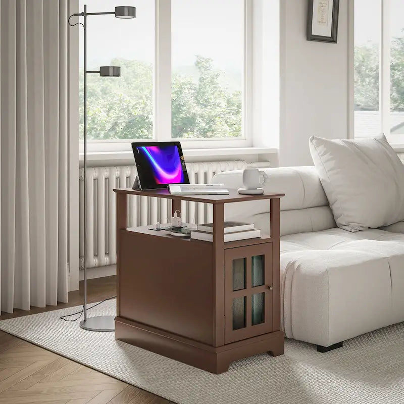 End Table with Charging Station, Narrow Side Table with USB Ports and Outlets, Small Table with Hidden Storage and Open Shelf