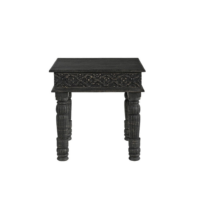 Black Distressed Carved Solid Mango Wood End Side Table