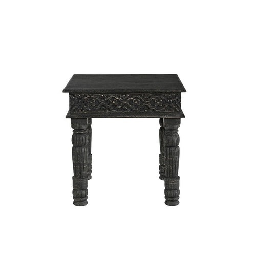 Black Distressed Carved Solid Mango Wood End Side Table