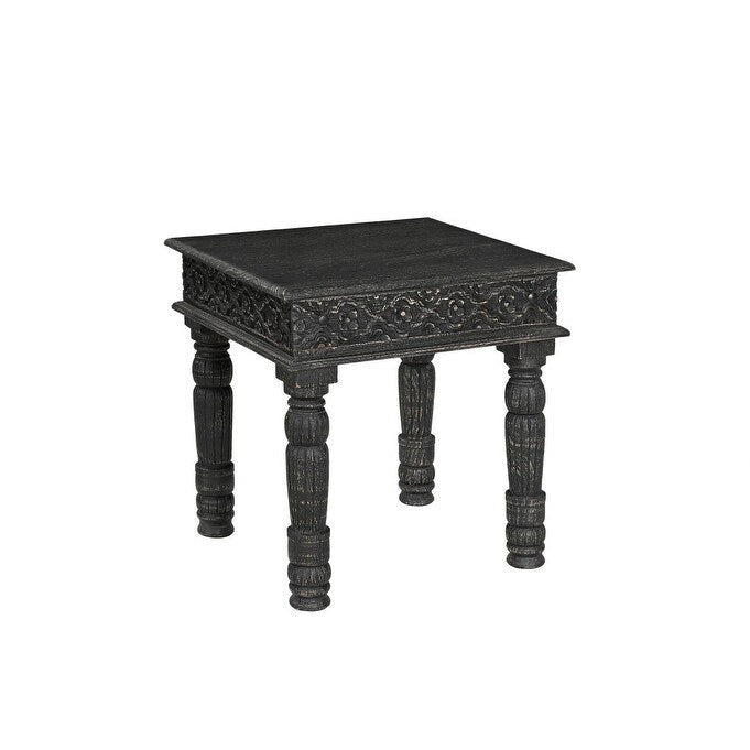 Black Distressed Carved Solid Mango Wood End Side Table