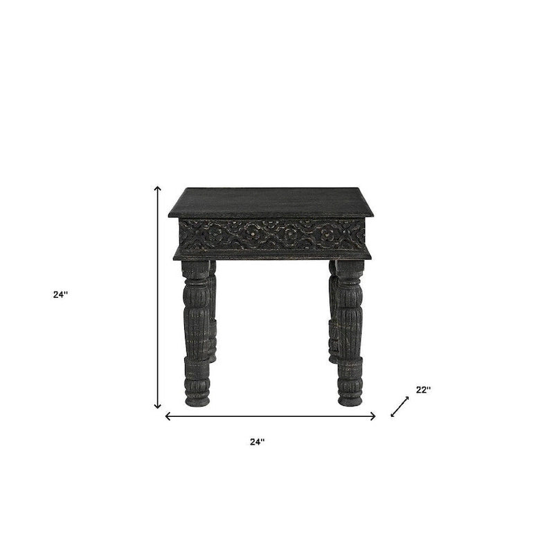 Black Distressed Carved Solid Mango Wood End Side Table