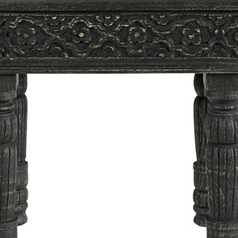 Black Distressed Carved Solid Mango Wood End Side Table