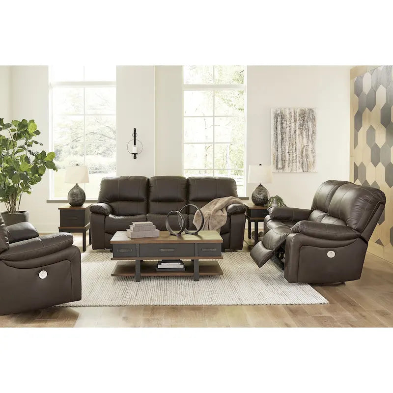 Dark Brown Genuine Leather Power Reclining Sofa with USB Port