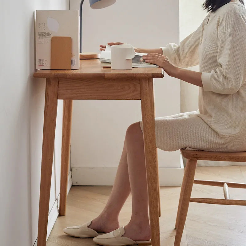 Compact Oak Writing Desk with Dual Drawers and Rounded Corners Natural Finish