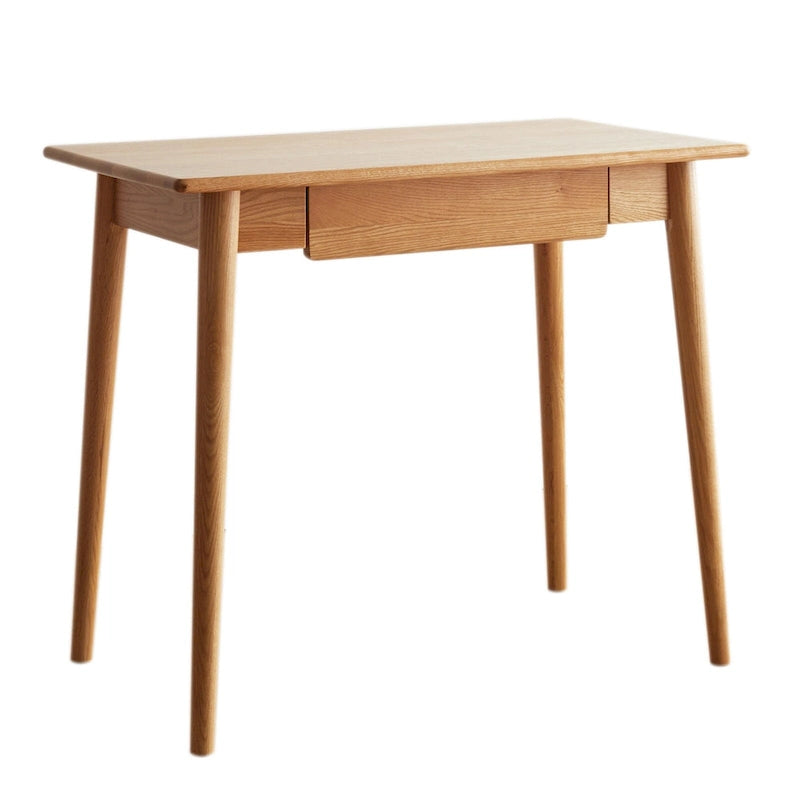 Compact Oak Writing Desk with Dual Drawers and Rounded Corners Natural Finish