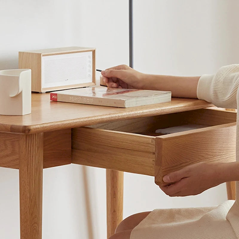 Compact Oak Writing Desk with Dual Drawers and Rounded Corners Natural Finish