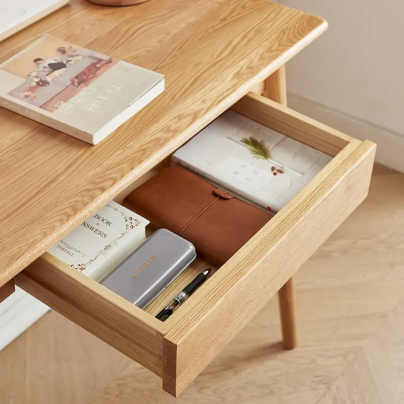 Compact Oak Writing Desk with Dual Drawers and Rounded Corners Natural Finish