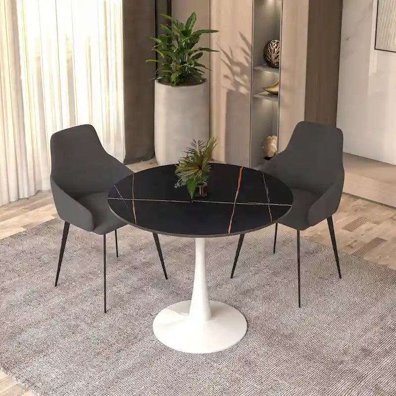 31" Round Sintered Stone Dining Table White Pedestal Base