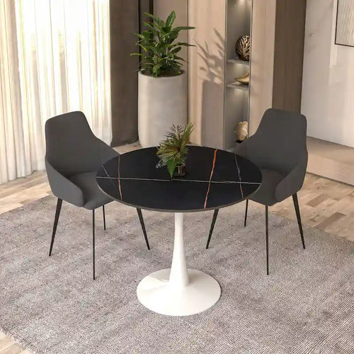 31" Round Sintered Stone Dining Table White Pedestal Base