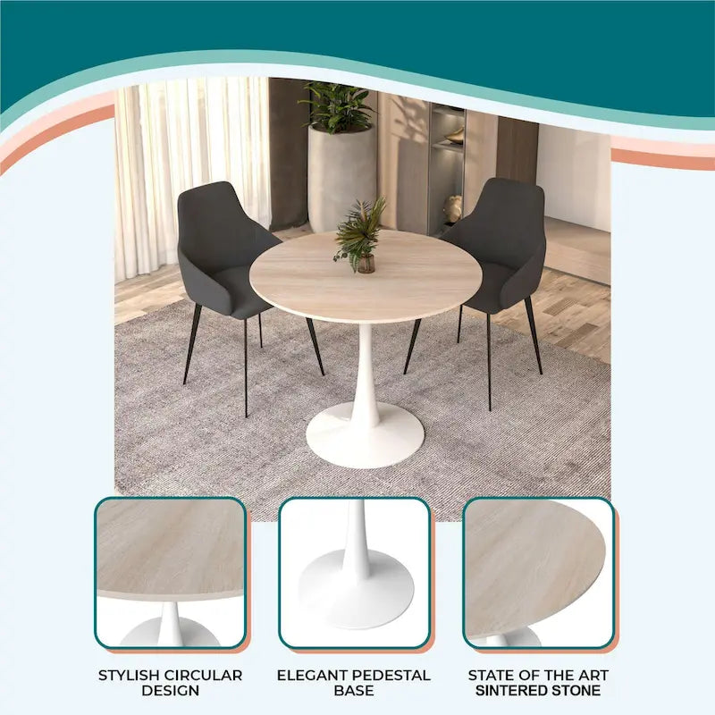 31" Round Sintered Stone Dining Table White Pedestal Base
