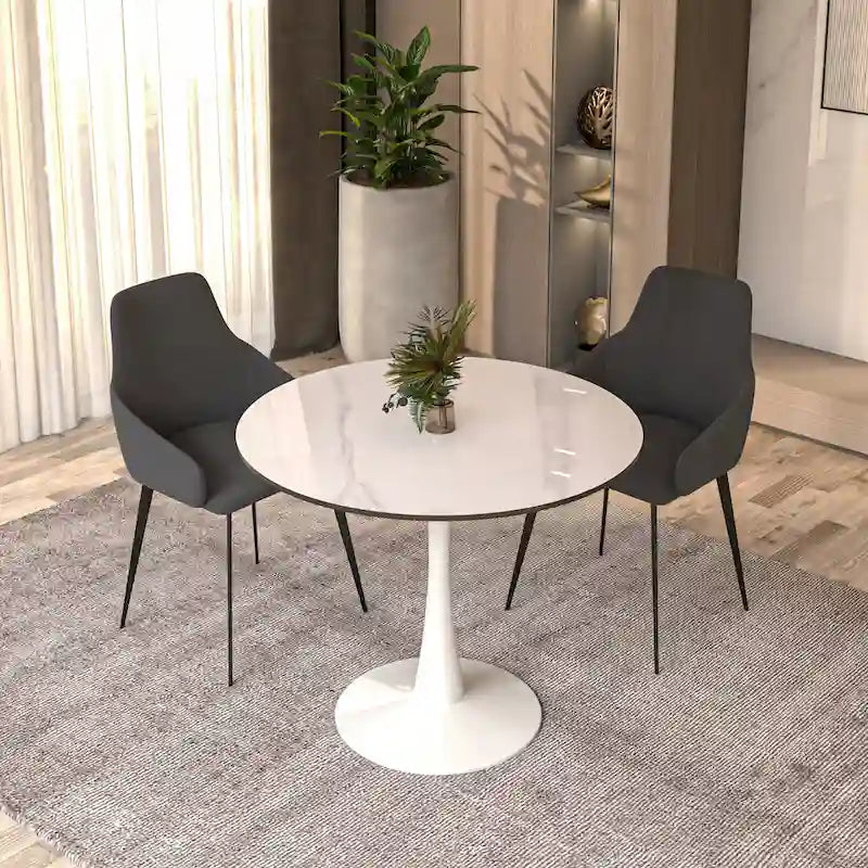 31" Round Sintered Stone Dining Table White Pedestal Base