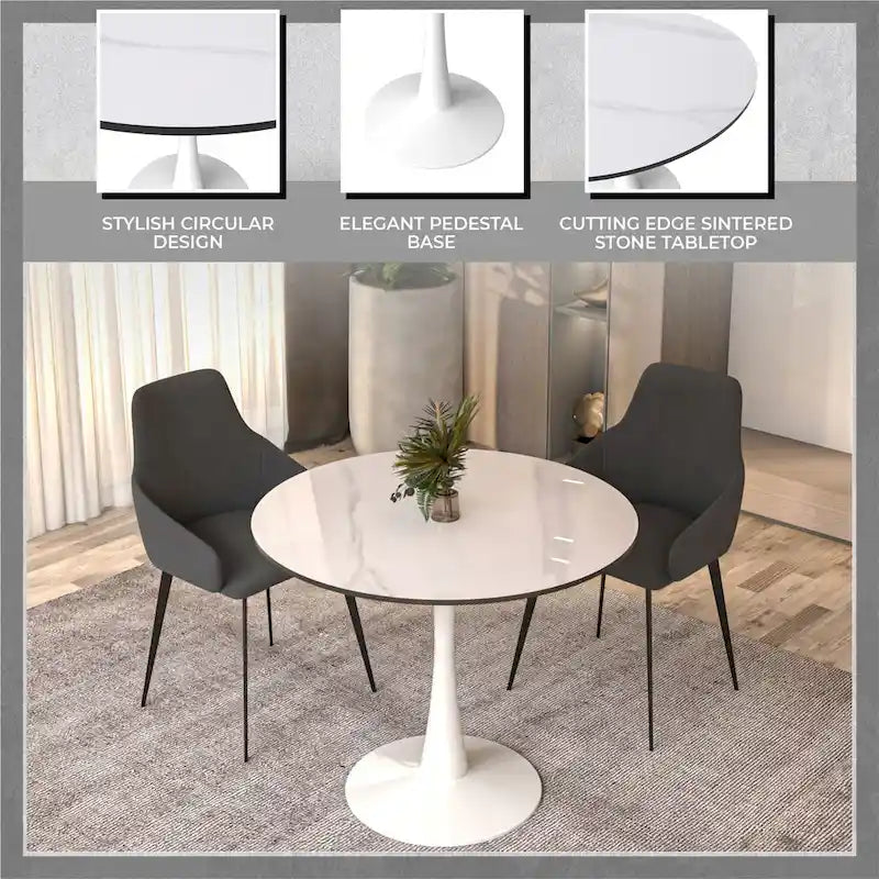 31" Round Sintered Stone Dining Table White Pedestal Base