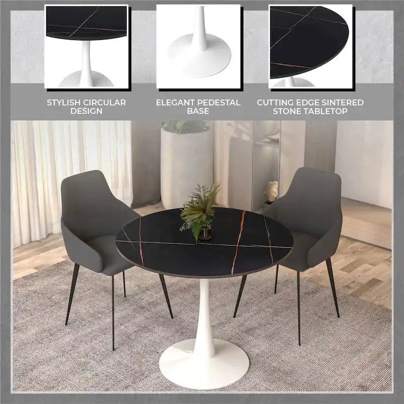 31" Round Sintered Stone Dining Table White Pedestal Base