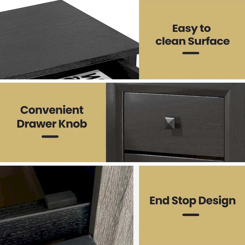 Black 2-Drawer Nightstand with Rubber Wood Legs and Storage