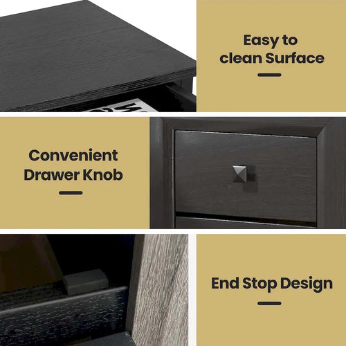 Black 2-Drawer Nightstand with Rubber Wood Legs and Storage