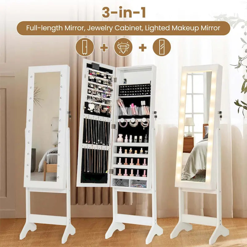 LED Mirror Jewelry Armoire with 20 LED Lights Full-Length White Brown Black