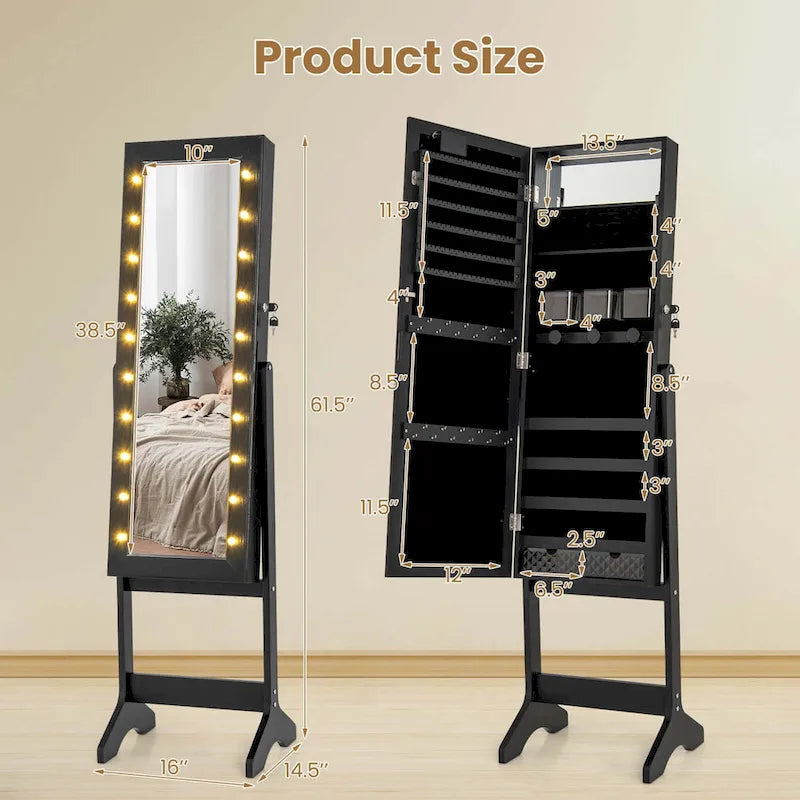 LED Mirror Jewelry Armoire with 20 LED Lights Full-Length White Brown Black