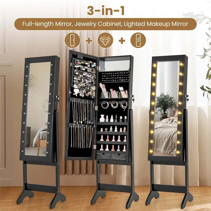 LED Mirror Jewelry Armoire with 20 LED Lights Full-Length White Brown Black