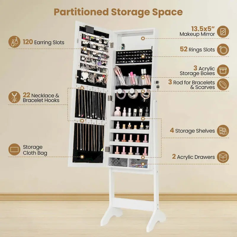 LED Mirror Jewelry Armoire with 20 LED Lights Full-Length White Brown Black