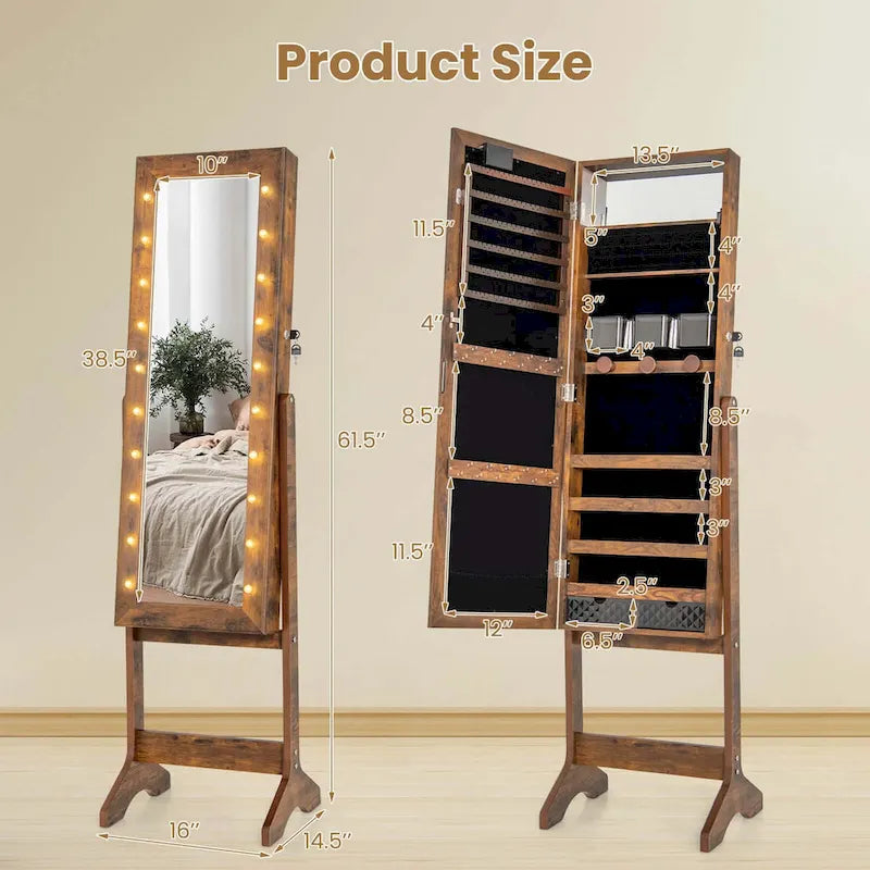 LED Mirror Jewelry Armoire with 20 LED Lights Full-Length White Brown Black