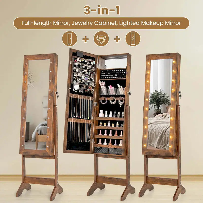 LED Mirror Jewelry Armoire with 20 LED Lights Full-Length White Brown Black