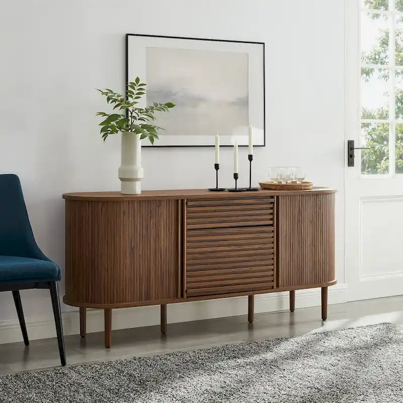 Walnut Fluted Oval Sideboard Cabinet with Sliding Tambour Doors