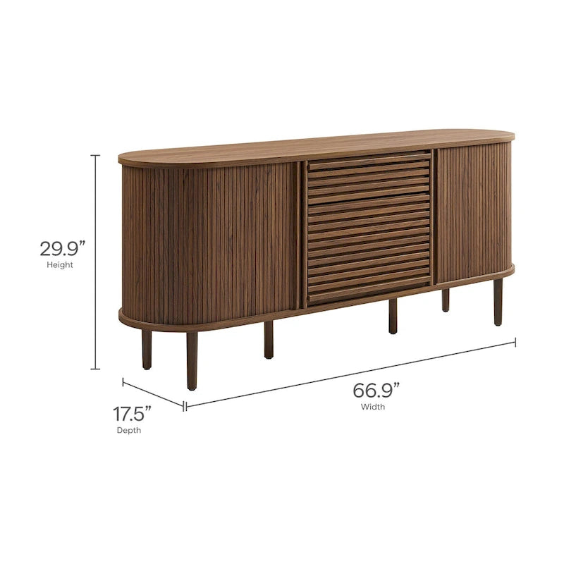 Walnut Fluted Oval Sideboard Cabinet with Sliding Tambour Doors