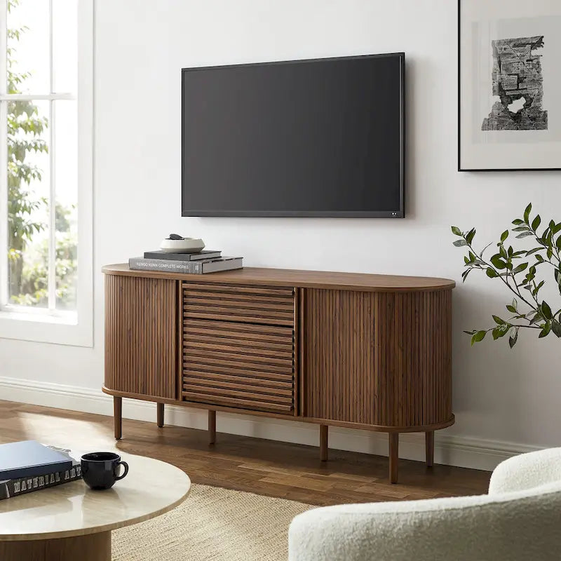 Walnut Fluted Oval Sideboard Cabinet with Sliding Tambour Doors