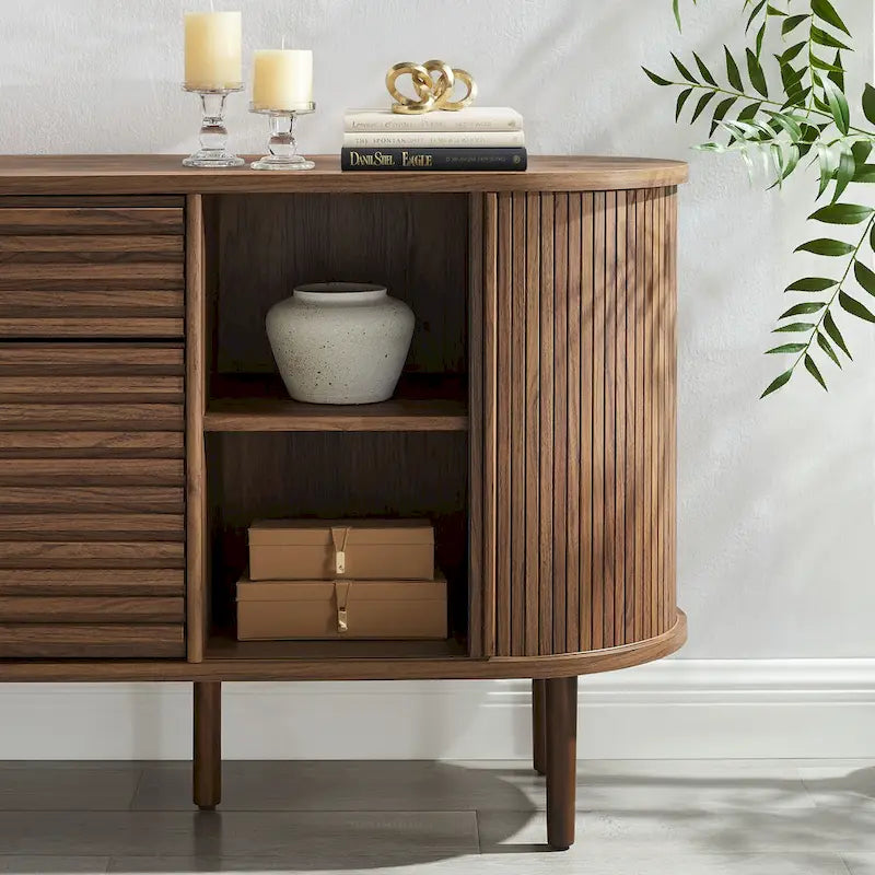 Walnut Fluted Oval Sideboard Cabinet with Sliding Tambour Doors