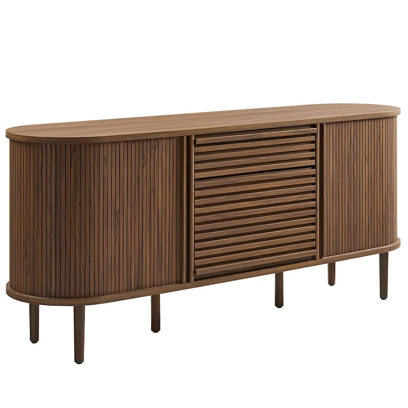 Walnut Fluted Oval Sideboard Cabinet with Sliding Tambour Doors