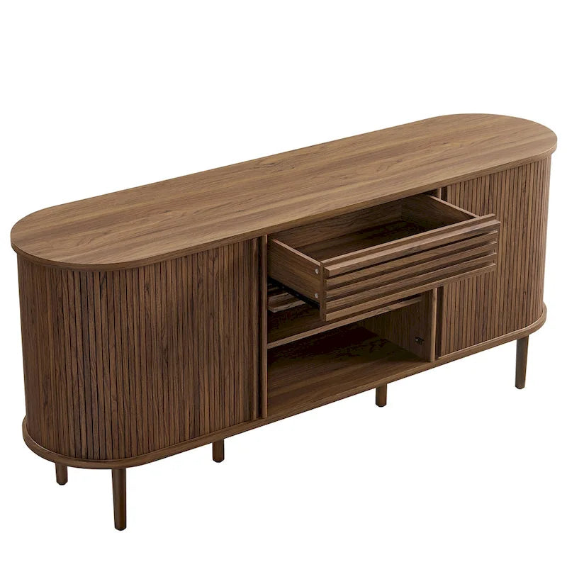 Walnut Fluted Oval Sideboard Cabinet with Sliding Tambour Doors