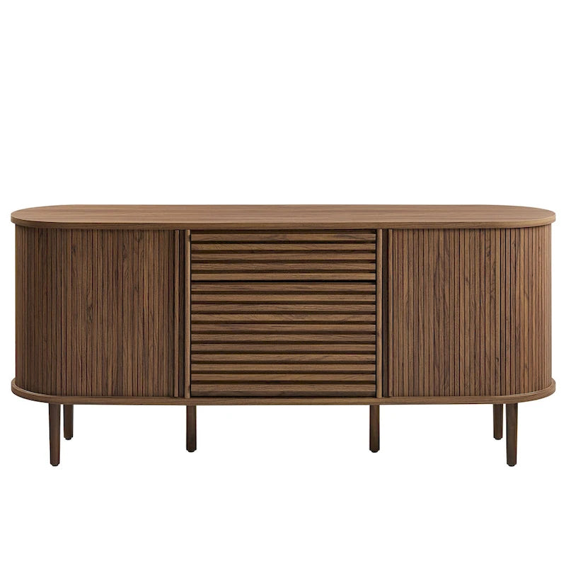 Walnut Fluted Oval Sideboard Cabinet with Sliding Tambour Doors