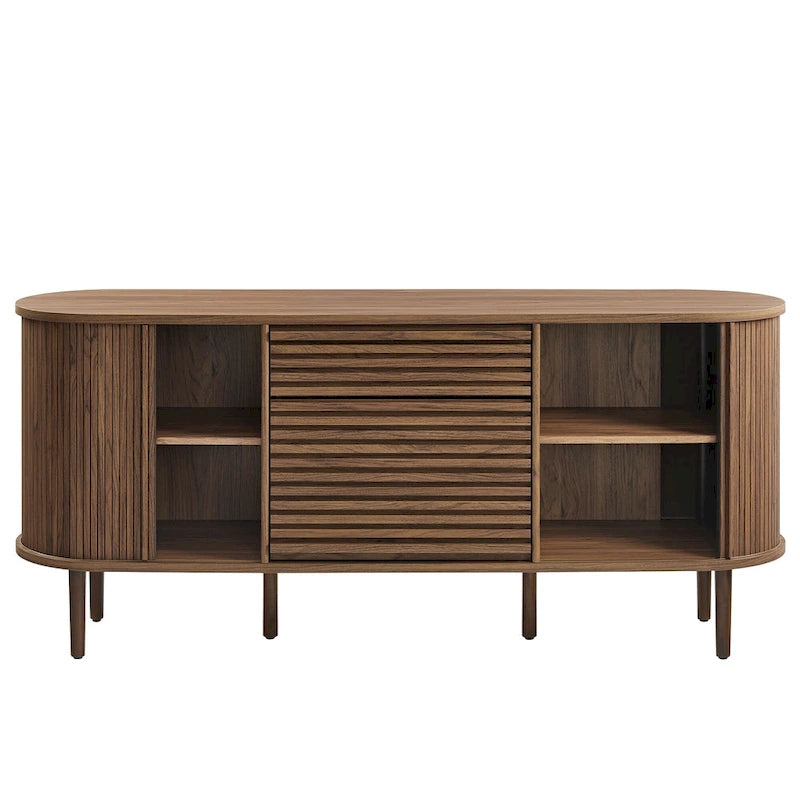 Walnut Fluted Oval Sideboard Cabinet with Sliding Tambour Doors