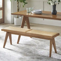 Solid Wood Rattan Dining Bench Mid-Century Modern Light Walnut Finish