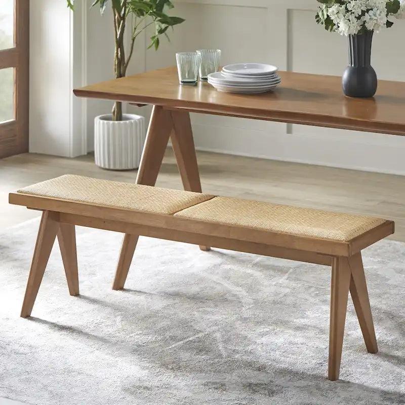 Solid Wood Rattan Dining Bench Mid-Century Modern Light Walnut Finish