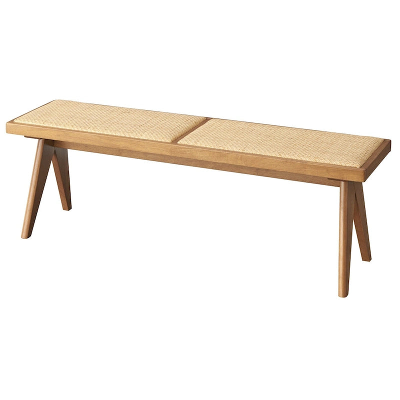 Solid Wood Rattan Dining Bench Mid-Century Modern Light Walnut Finish