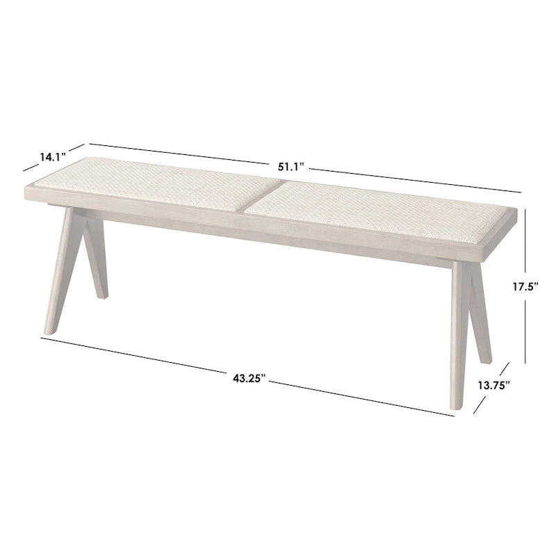 Solid Wood Rattan Dining Bench Mid-Century Modern Light Walnut Finish