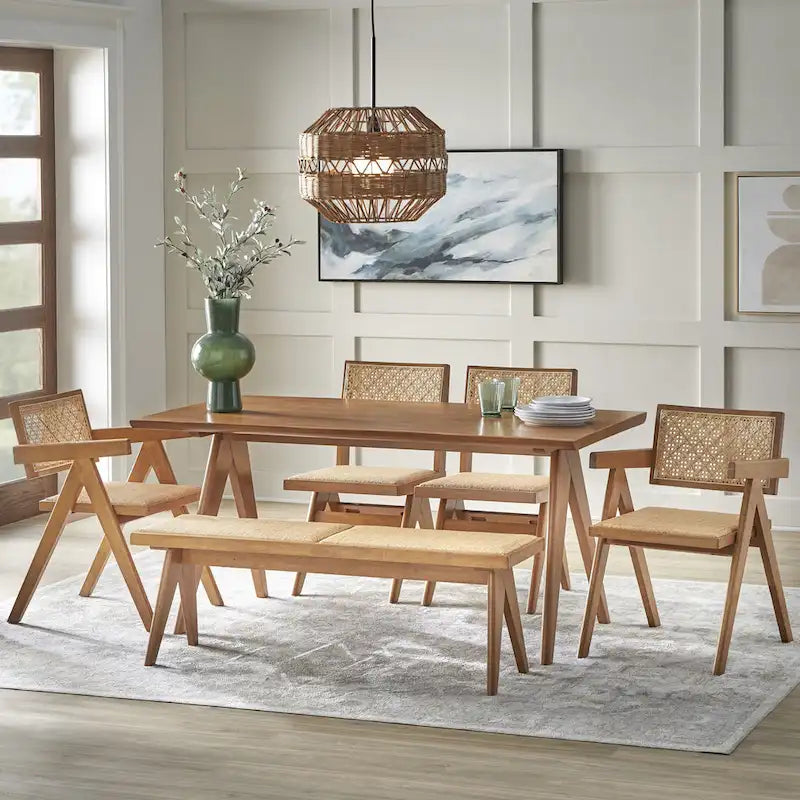 Solid Wood Rattan Dining Bench Mid-Century Modern Light Walnut Finish