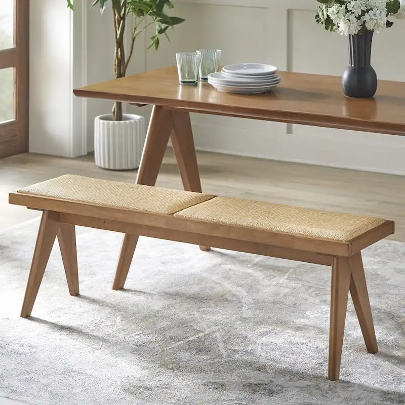 Solid Wood Rattan Dining Bench Mid-Century Modern Light Walnut Finish