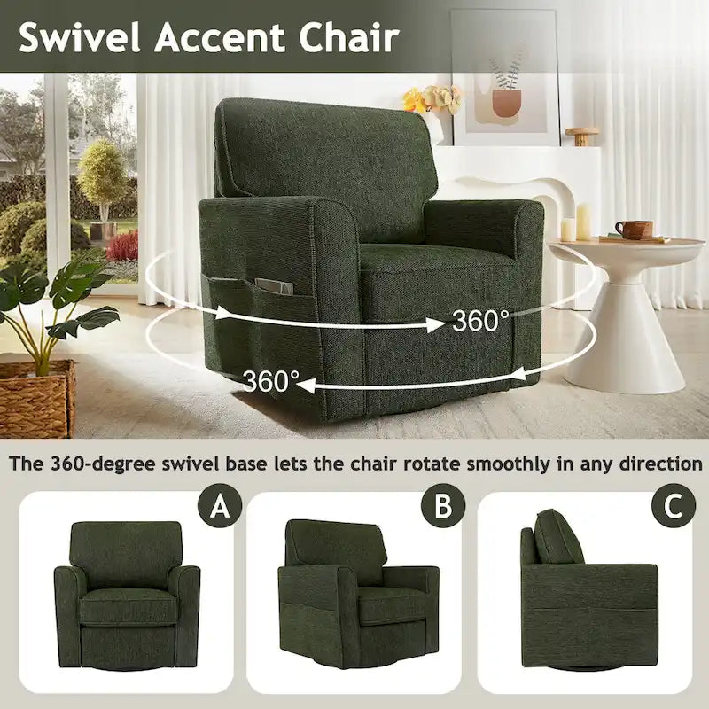 360 Swivel Armchair Chenille Upholstered Accent Chair with Side Pockets Red Green Grey
