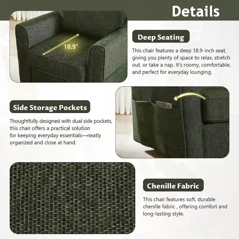 360 Swivel Armchair Chenille Upholstered Accent Chair with Side Pockets Red Green Grey
