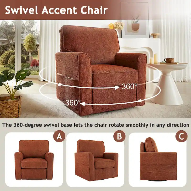 360 Swivel Armchair Chenille Upholstered Accent Chair with Side Pockets Red Green Grey