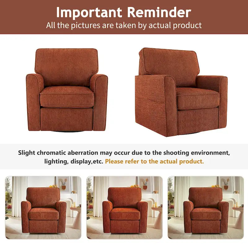 360 Swivel Armchair Chenille Upholstered Accent Chair with Side Pockets Red Green Grey