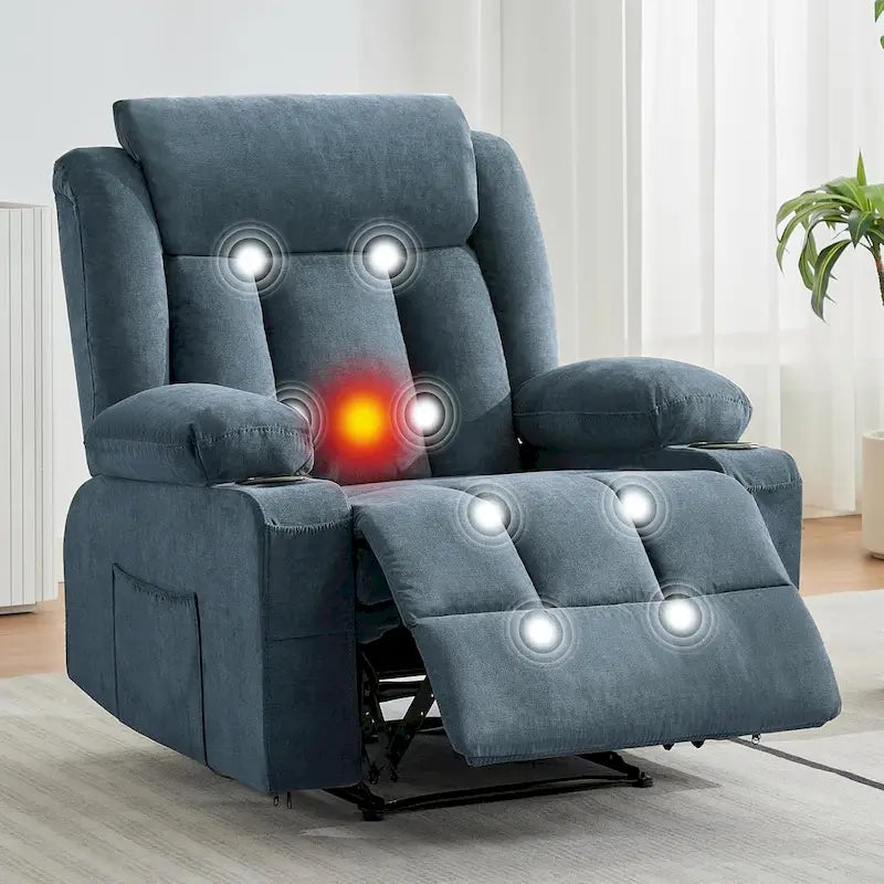 Recliner Chair with Massage Heating Overstuffed Deep Seat Rocker Blue Grey Brown