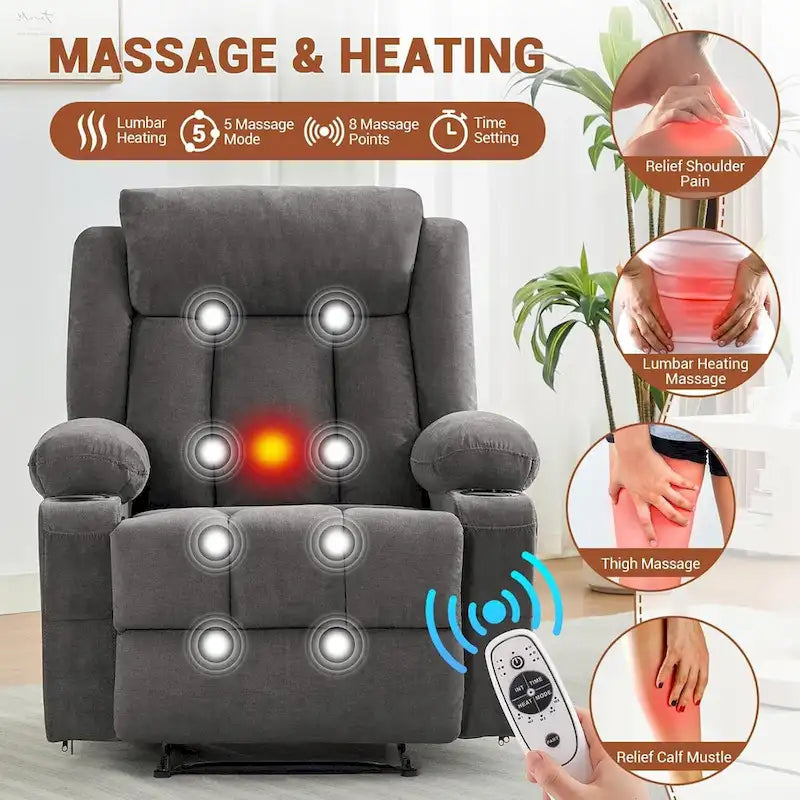Recliner Chair with Massage Heating Overstuffed Deep Seat Rocker Blue Grey Brown