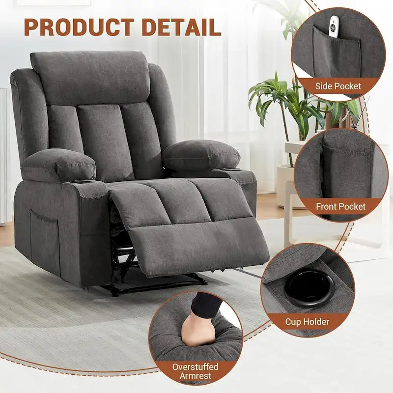 Recliner Chair with Massage Heating Overstuffed Deep Seat Rocker Blue Grey Brown