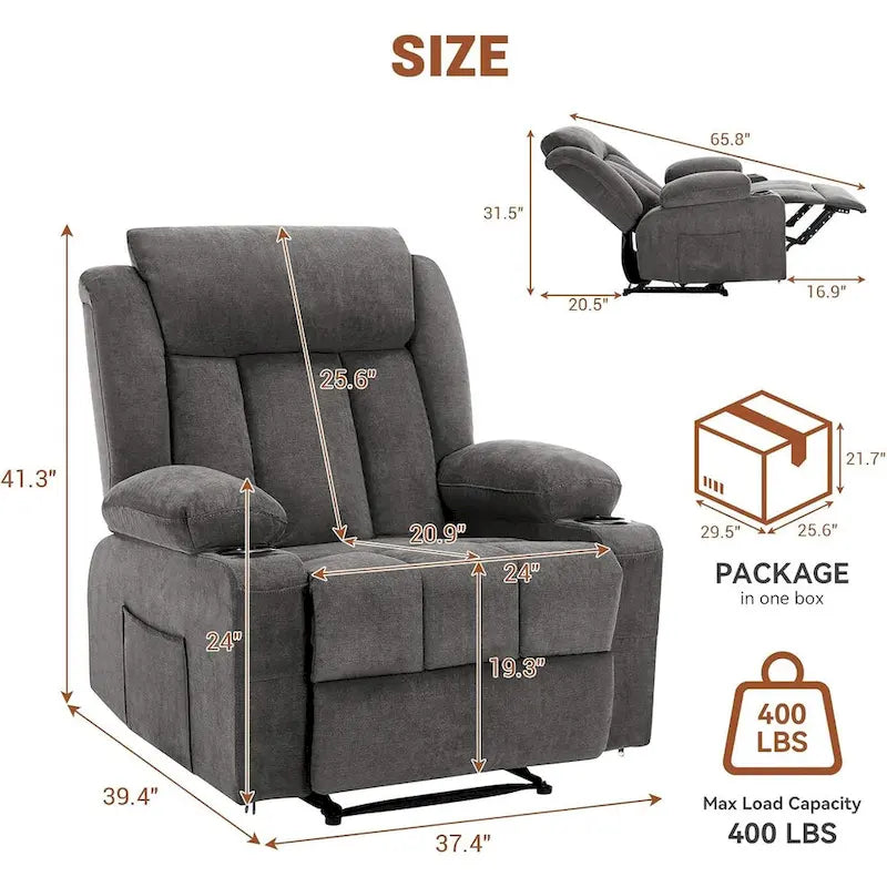 Recliner Chair with Massage Heating Overstuffed Deep Seat Rocker Blue Grey Brown
